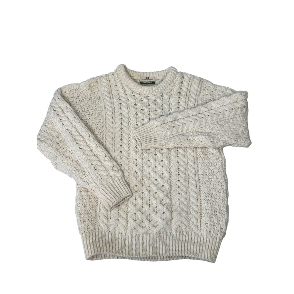 Carraig Donn Sweater Kids Size XL Cream Merino Wool Aran Cable Knit Fisherman